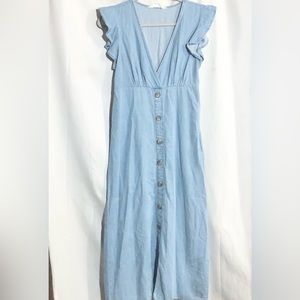 Primark Denim Jean Midi Dress Sz 6 Button Down Ruffle Sleeves Blue Casual Chic